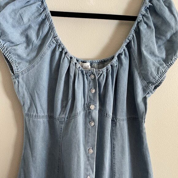 LE LIS Women L Denim Casual 90s Rodeo Puff Sleeve Button Front Mini Dress NWT - Picture 3 of 12
